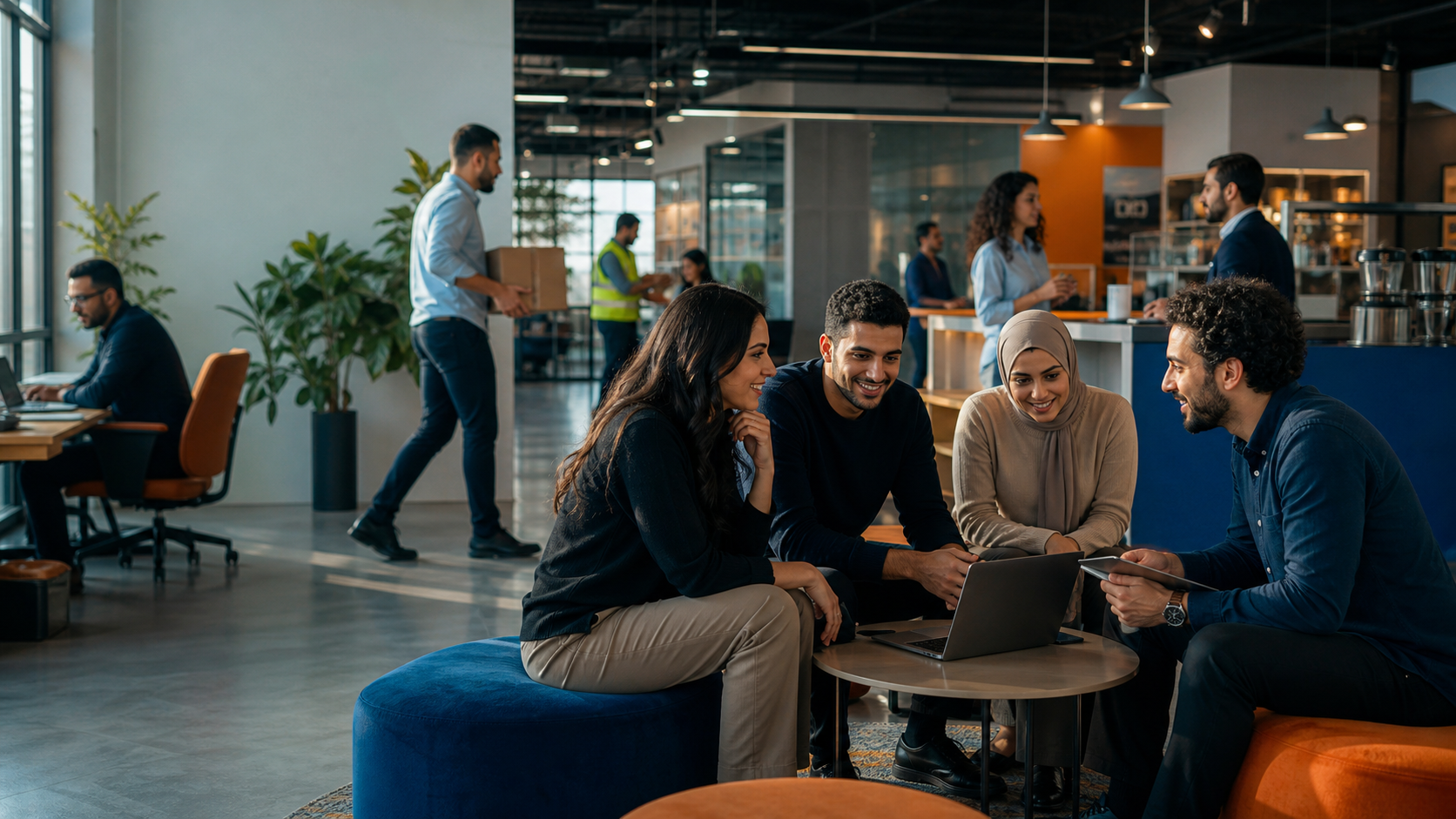 Creative concept showing Raya colleagues collaborating in a contemporary workspace